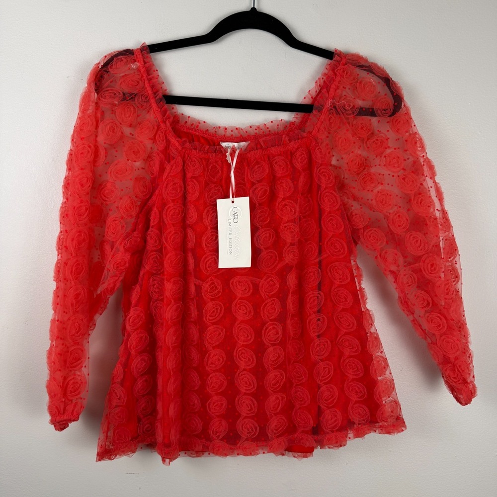 Cato Collection Top Women Small Pinkish Red Mesh Artsy Rosette Textured Coquette